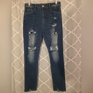 SHEIN Distressed Skinny Jeans in Dark Blue